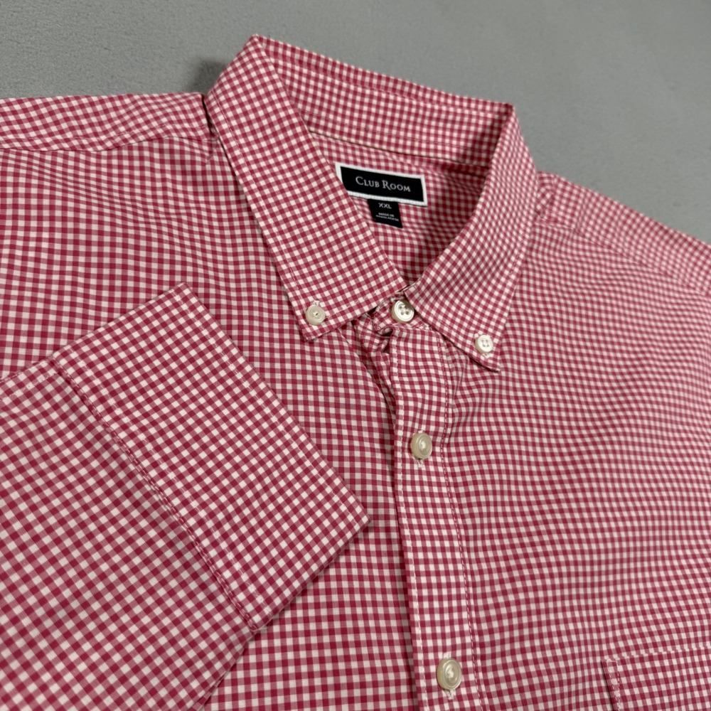 Club Room Mens Red White Gingham Button Down Shirt Long Sleeve XXL Stretch